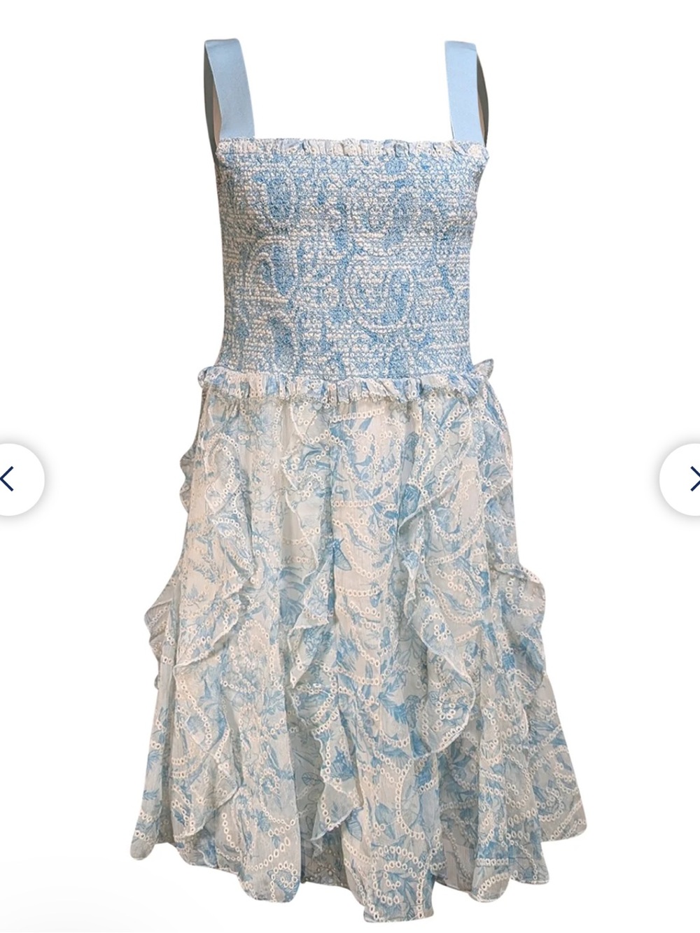 Alice + Olivia Light Blue and Ivory Eyelet Smocked Sundress